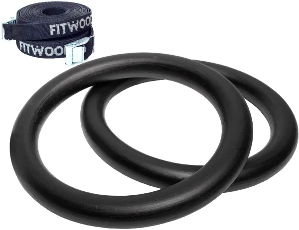 FitWood ULPU Gymnastics Rings 28mm - Black Surface / Black Strap